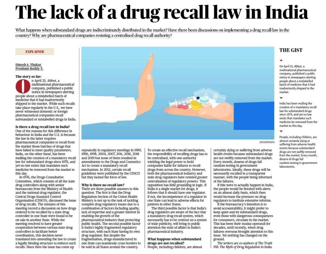 The Hindu explain the urgency of Drug Recall Laws in India!